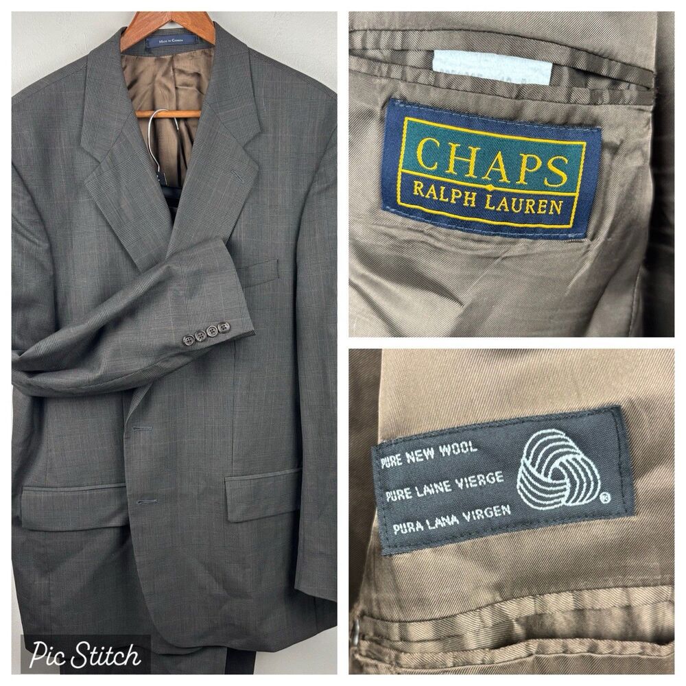 Chaps Ralph Lauren Men's 2 Piece Suit Brown Glen Check Plaid 100% Wool 46R 40x28